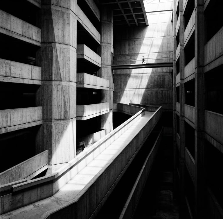 Stark monochrome photograph of a brutalist concrete atrium, sharp directional light casting deep diagonal shadows, clean architectural lines, minimalist composition.