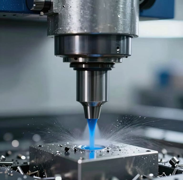 Close-up of a high-speed CNC milling spindle cutting through steel, cool blue coolant spray, crisp technical photography, sharp focus on metal shavings.