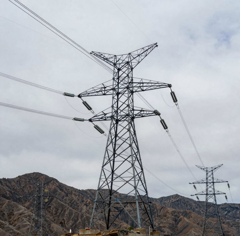 Low-angle heroic shot of high-voltage transmission towers stretching into Utah mountain backdrop, cold overcast daylight, desaturated steel tones with sharp blue accents