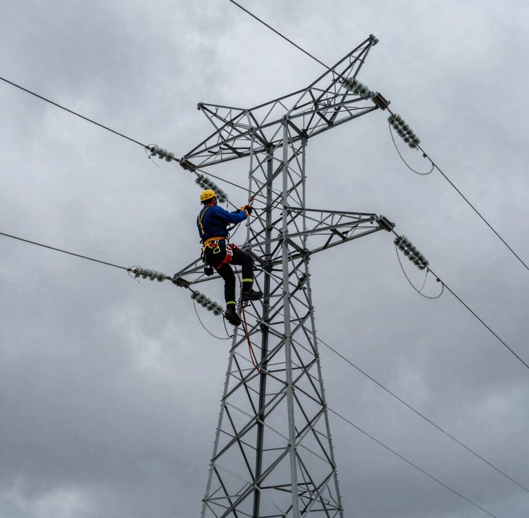 Low-angle heroic shot of a certified lineman in full safety harness working on a high-voltage utility tower, dramatic overcast Utah sky, cold industrial steel tones.