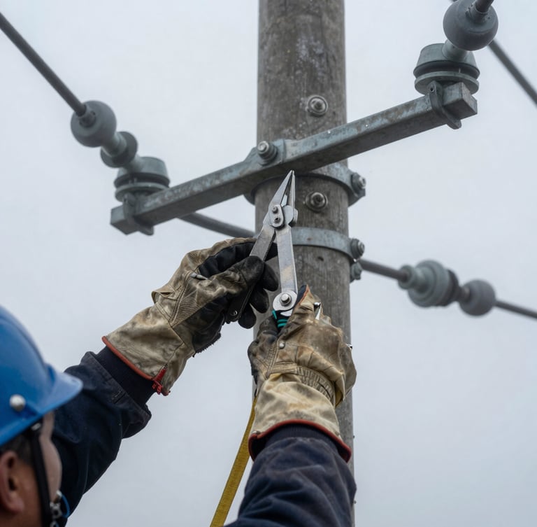 Close-up of a lineman in full safety harness and heavy leather gloves adjusting high-voltage hardware on a utility pole, sharp focus on steel tools, cold morning mist