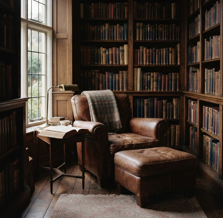 Warm editorial photography of a quiet private library interior, dark wood bookshelves, soft indirect window light illuminating a leather chair, rich muted tones, shallow depth of field, 35mm