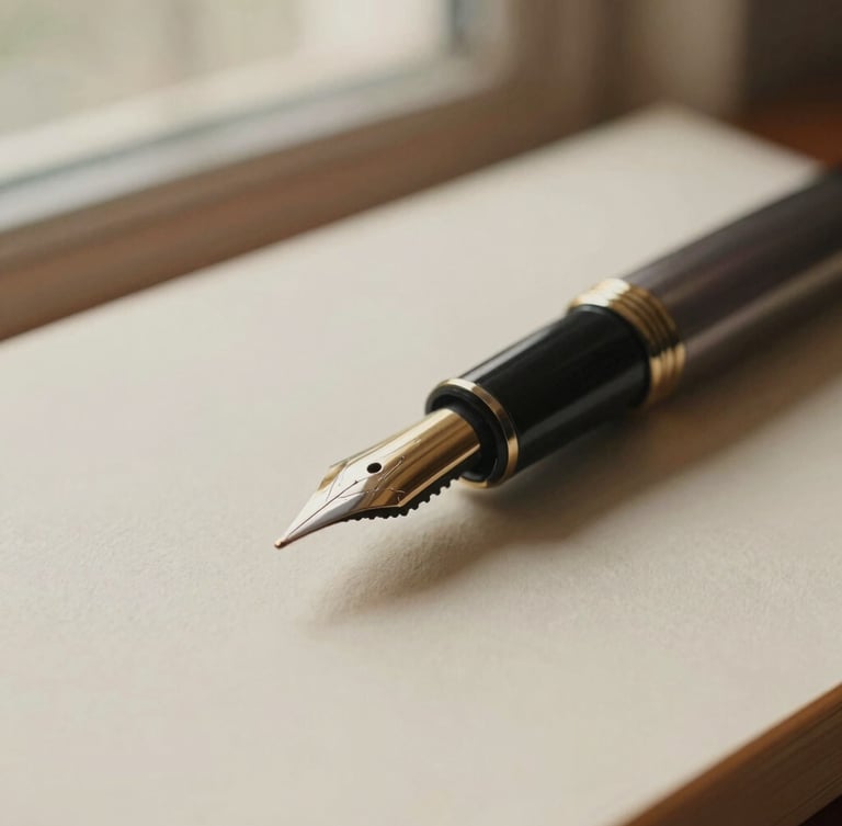 Macro detail of a vintage fountain pen resting on heavy, textured cream paper, soft side lighting from a library window, warm tones, 35mm.