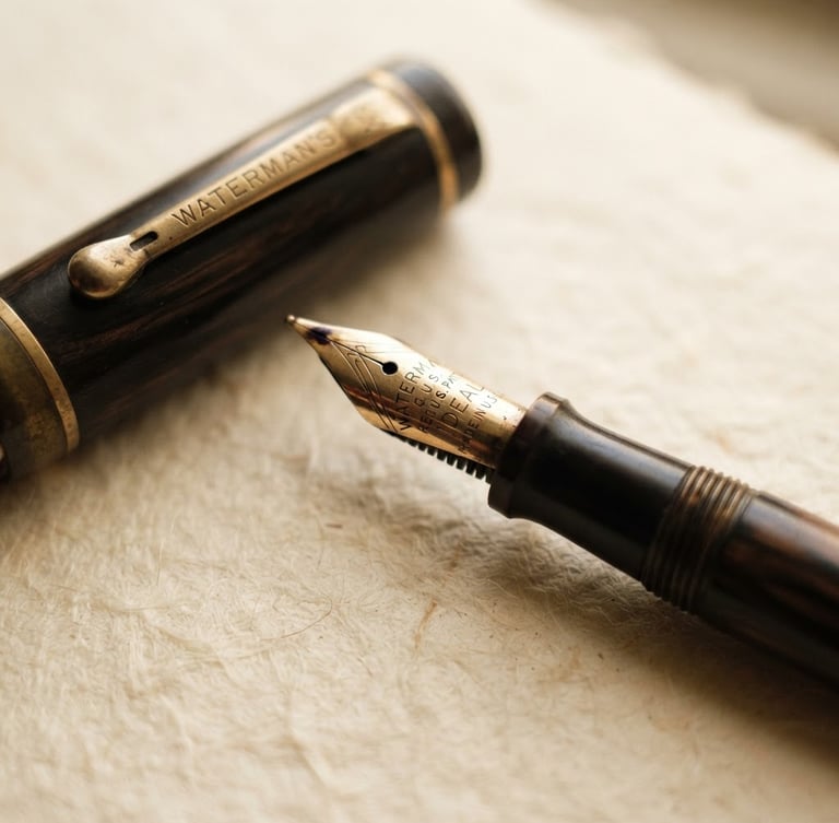 Close-up macro detail of a vintage fountain pen resting on heavy, warm cream cotton paper, soft indirect window light, rich muted tones, shallow depth of field, 35mm