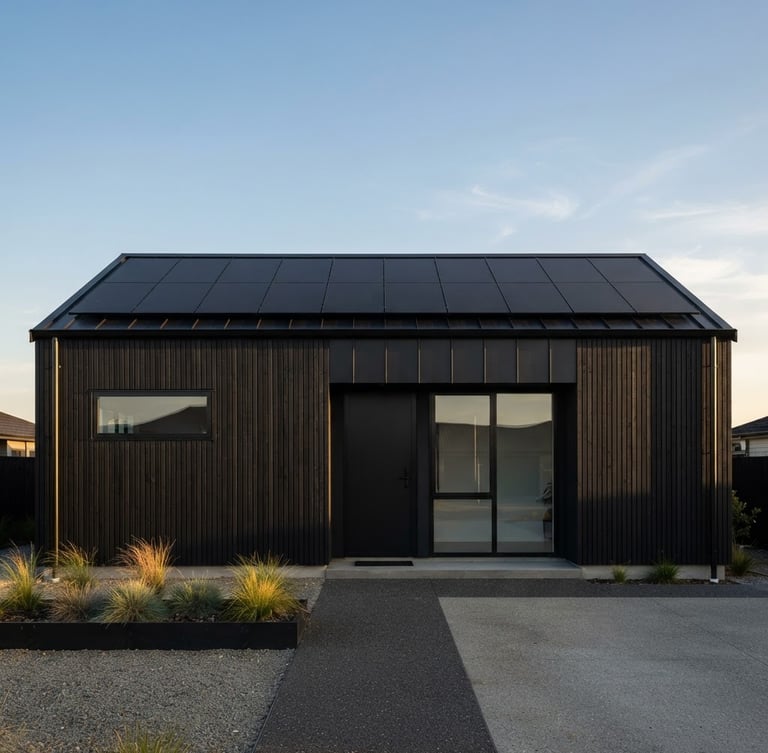 Straight-on architectural elevation of a modern black-clad minimalist house at golden hour, matte-black solar panels integrated flush into the roofline, negative space, sharp focus
