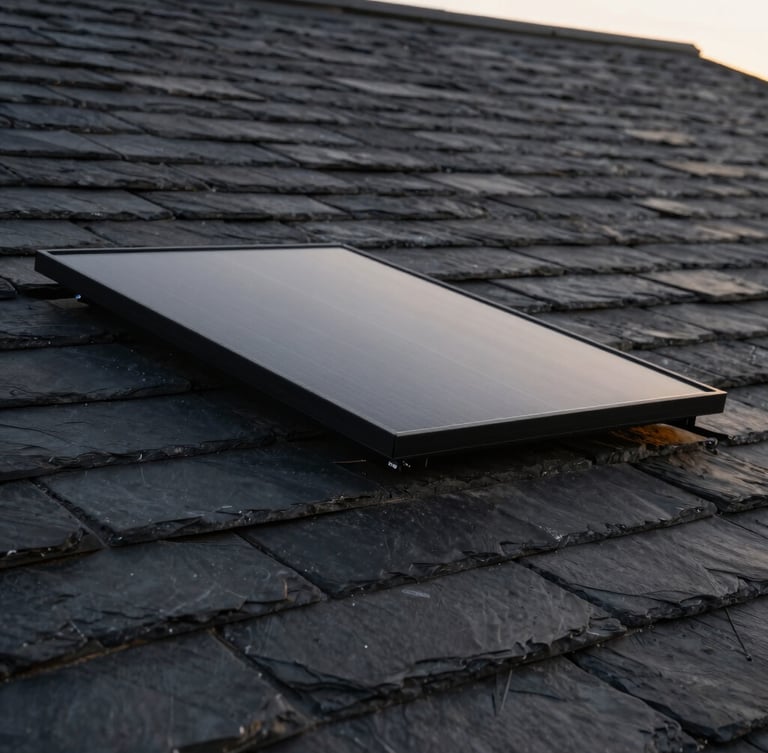 Tight architectural crop of a matte-black solar panel edge sitting perfectly flush with dark slate roof tiles, golden-hour light catching the clean seam, minimalist composition