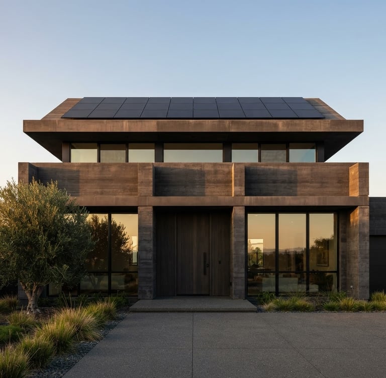 Graphic straight-on architectural elevation of a modern dark concrete home at golden hour, matte-black solar panels integrated seamlessly into the flat roofline.