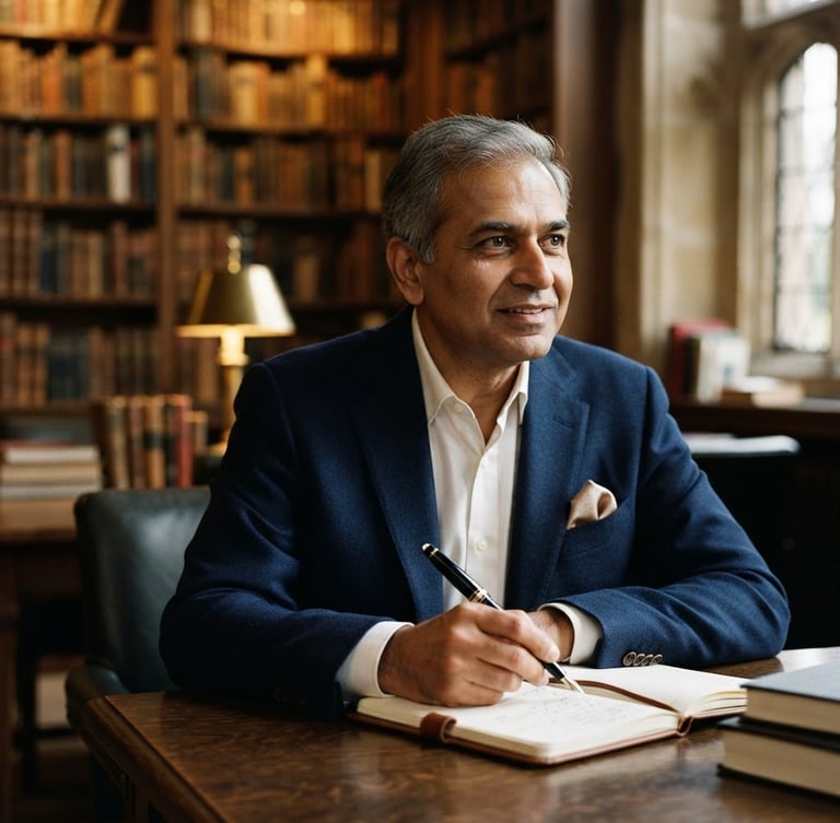 Editorial portrait of Sachin Shrivastava, 50s, confident and authoritative, in a refined study setting, warm academic library lighting, shallow depth of field, looking slightly off-camera right, fountain pen in hand.