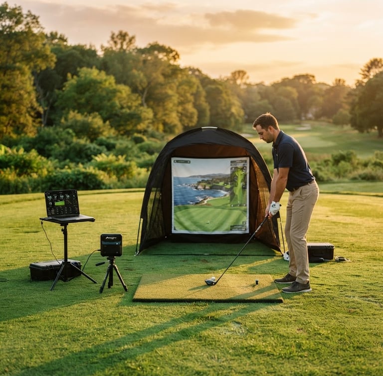 Premium mobile golf simulator setup on a manicured lawn during golden hour, high-end tracking monitors visible, warm lighting, 35mm photography