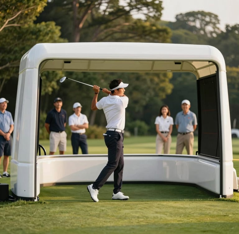 A guest swinging a golf club inside a luxury mobile golf simulator setup, crisp afternoon light, smiling onlookers, premium turf, shallow depth of field