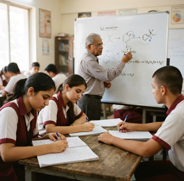 A high-focus 35mm photograph of a senior Indian teacher explaining organic chemistry equations on a clean white board, three focused high school students taking notes in the foreground, bright natural daylight, soft focus background.