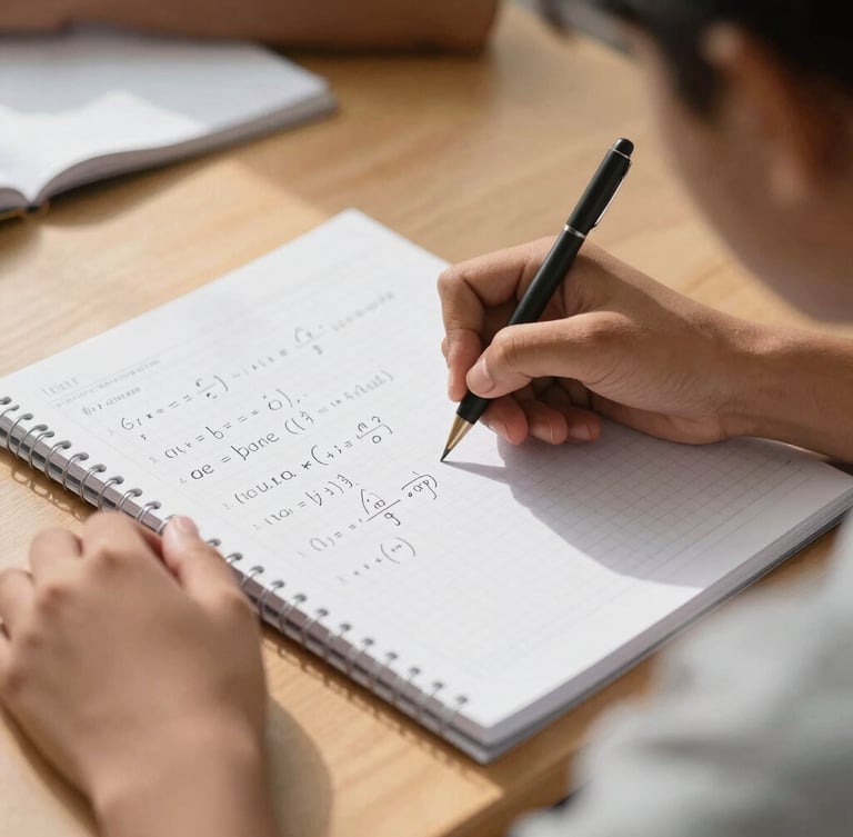 Over-the-shoulder view of a student's hand solving complex physics equations in a clean, grid-lined study notebook, bright natural afternoon light streaming across the wooden desk, 35mm.