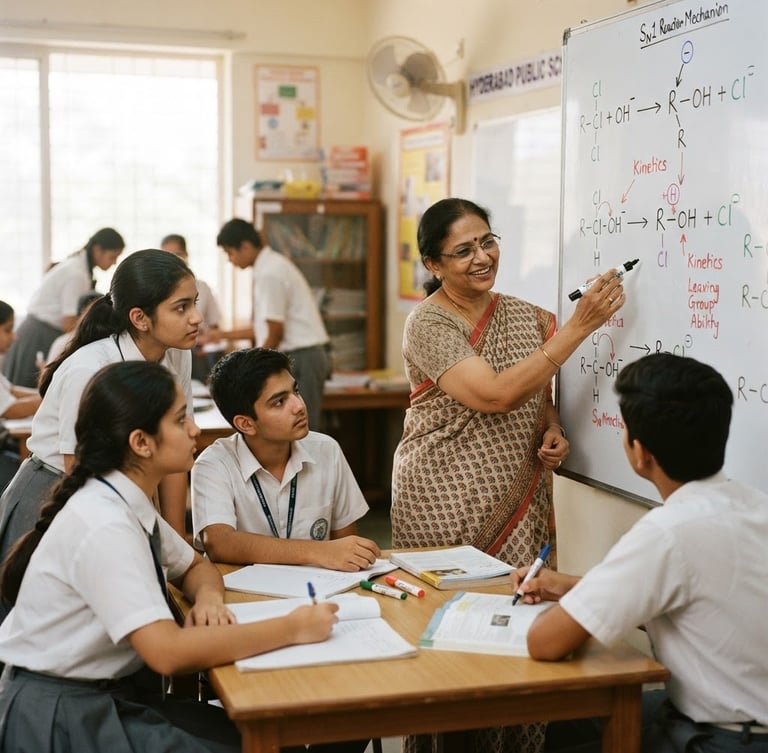 A bright, natural daylight classroom setting in Hyderabad, a senior Indian teacher explaining a complex organic chemistry mechanism on a whiteboard to a small, focused group of five high school students, 35mm warm editorial photography.