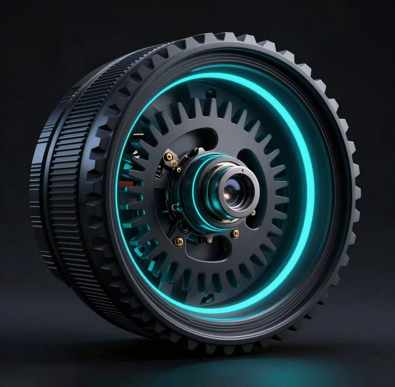 cinematic 3D render, dramatic high-contrast studio lighting, deep obsidian and neon tones, ultra-detailed macro lens of a mechanical gear with glowing cyan accents