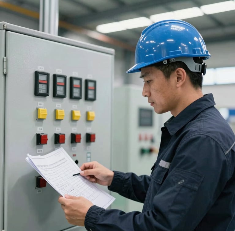 Medium-close up of an engineer in a hardhat reviewing blueprints next to a clean industrial alarm control panel, natural warehouse lighting, professional photography.