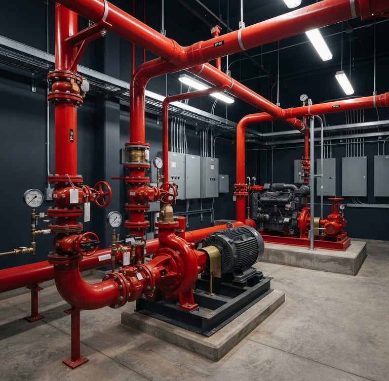 Industrial fire pump room with clean red piping and certified valves, professional lighting, crisp focus, architectural framing