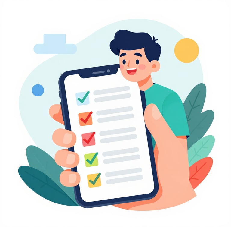 Vibrant flat vector illustration of a cheerful teenager holding a smartphone showing a quiz screen with colorful checkmarks, clean graphic style