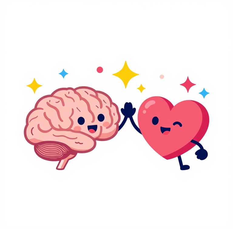 Bright flat vector illustration of a friendly stylized brain and heart high-fiving, surrounded by colorful stars and sparkles, clean geometric shapes, vibrant cheerful color palette, modern graphic style