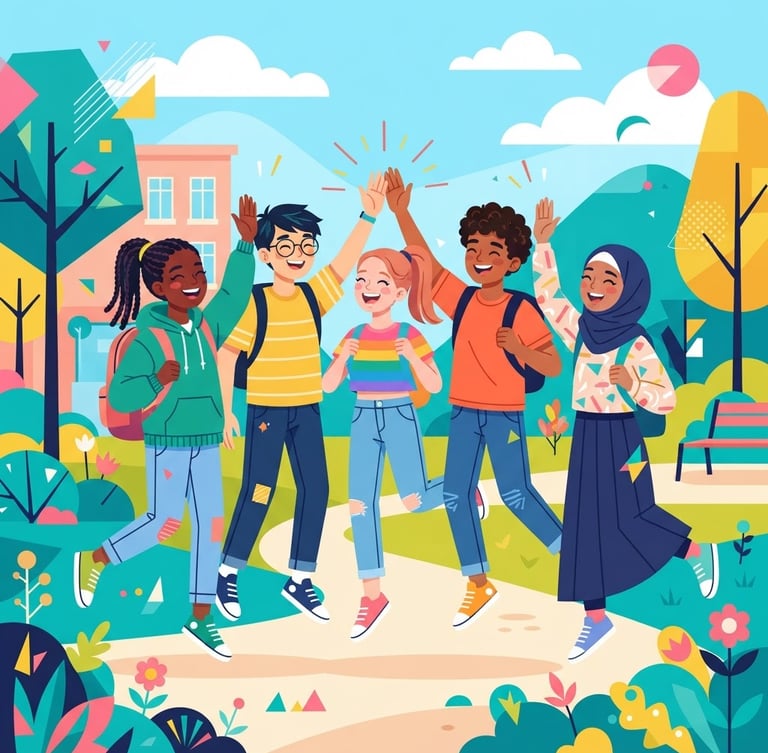 Bright flat vector illustration of friendly inclusive teenagers high-fiving, vibrant cheerful color palette, clean geometric shapes, modern graphic style