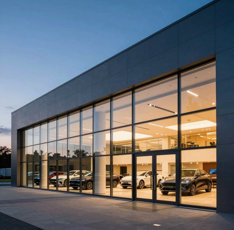 Wide angle architectural shot of a modern automotive dealership at dusk, cool blue slate steel and clean glass facade, dramatic amber interior illumination, negative space to the left.