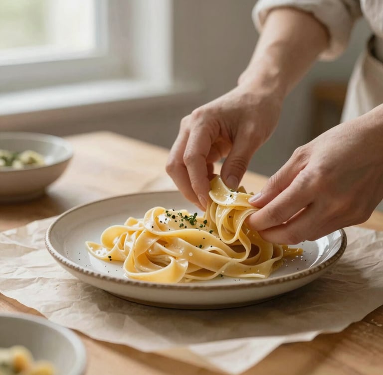 Hands arranging a rustic ceramic plate of fresh pasta on a parchment-covered table, soft side-lighting, warm editorial style, shallow depth of field.