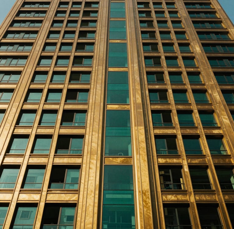 Low-angle architectural photography of a towering luxury residential facade, strong Art Deco geometric lines, rich brass accents reflecting golden hour sunlight against deep emerald glass, high-contrast 35mm.
