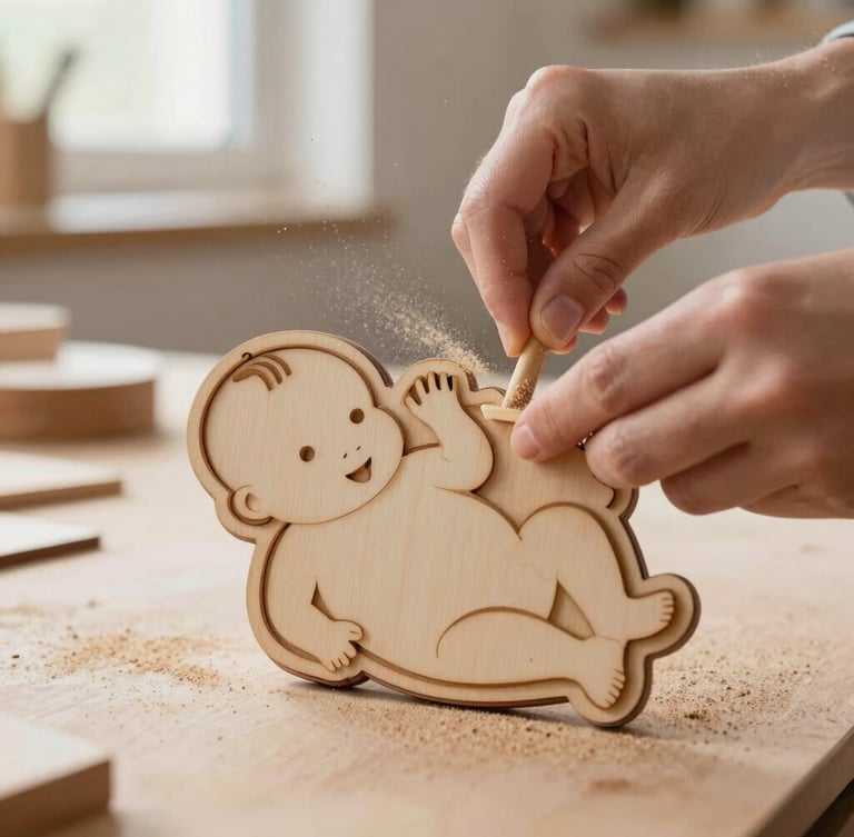 Hands of an artisan gently sanding the edges of a laser-cut wooden baby birth plaque, fine wood dust in the air, warm workshop lighting