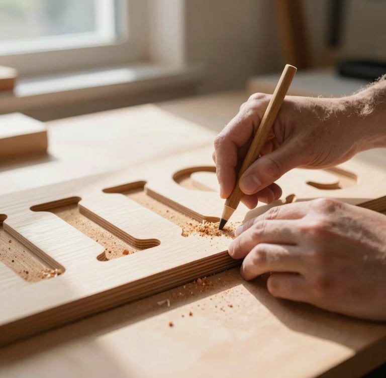 Close-up of hands hand-sanding a custom laser-cut wooden sign on a sunlit workshop table, soft natural side-light, wood shavings visible, shallow depth of field, warm tones