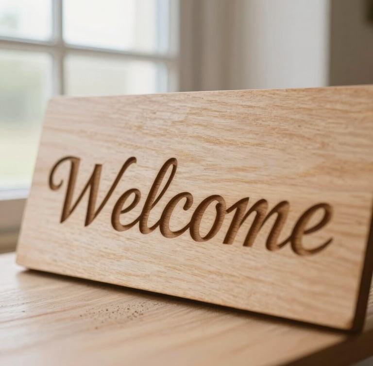 Macro close-up of a beautifully engraved wooden wedding welcome sign, warm natural workshop window light, soft sand tones, shallow depth of field, 35mm