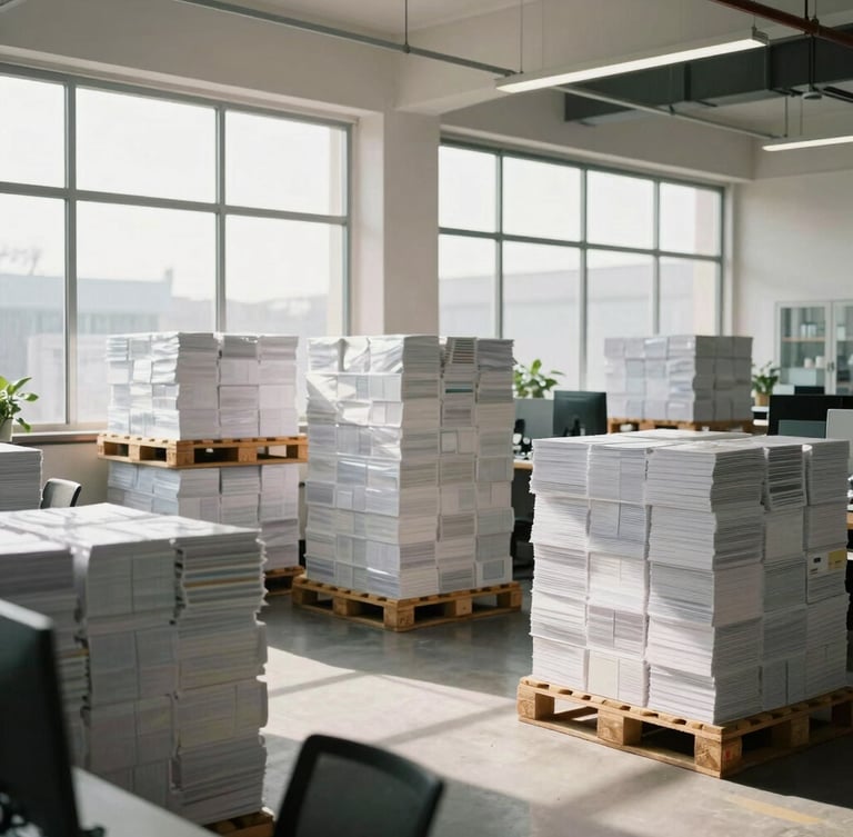 A professional, brightly lit warehouse office with large windows showing organized pallets of paper products, soft natural daylight, clean and secure atmosphere