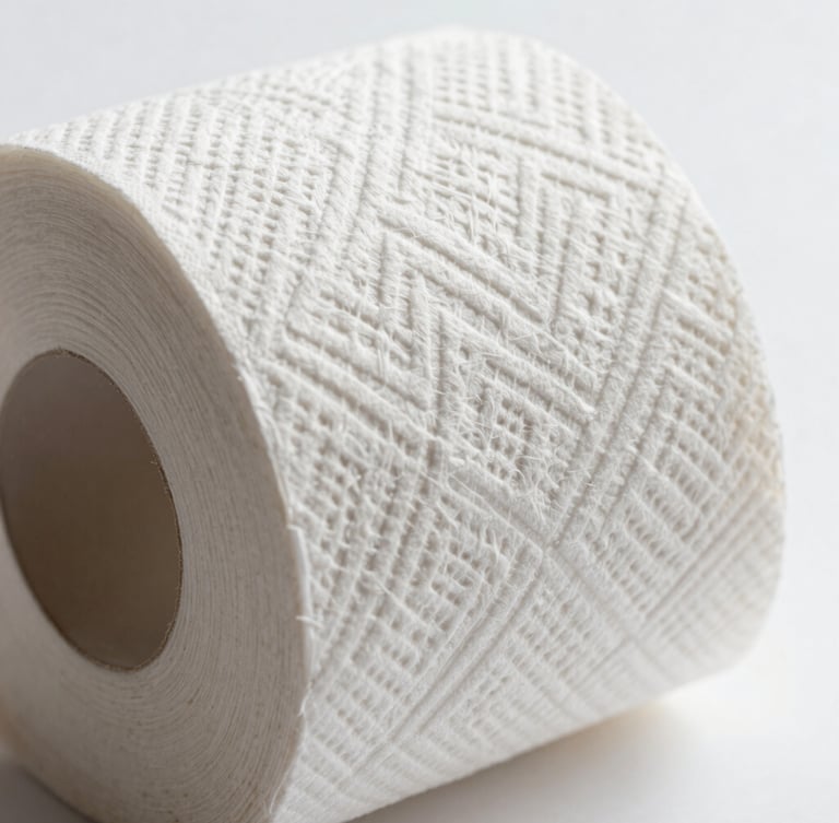 Macro shot of embossed toilet paper texture showing delicate geometric patterns, high-key white background, soft natural lighting, focus on tactile paper fibers