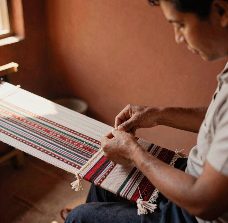 A close-up of a local artisan showing a traveler how to weave traditional textiles in a sunlit workshop, terracotta warm tones.