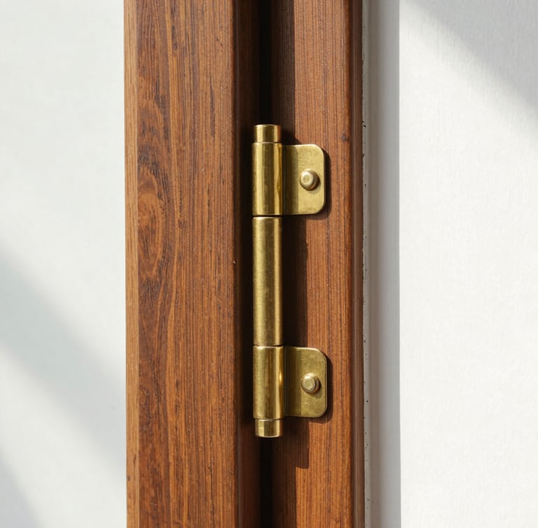 Macro detail of a heavy brass hinge perfectly aligned on a dark timber door frame, bright natural daylight, architectural photography
