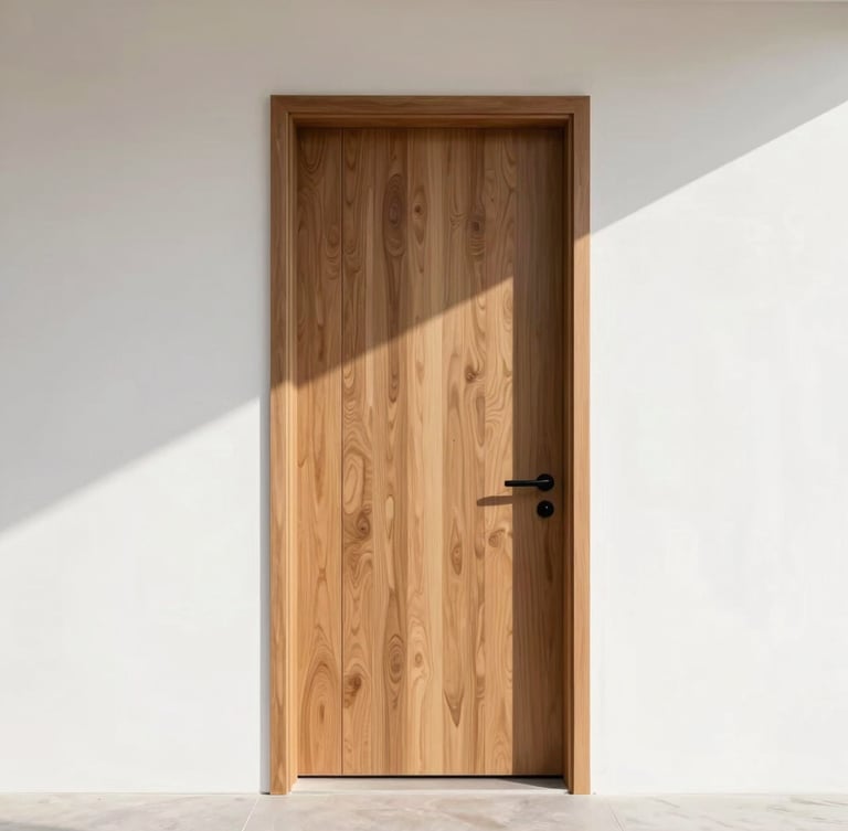 Straight-on architectural shot of a modern solid-wood entry door with clean lines, bright natural daylight casting soft shadows, warm timber grain texture, 35mm