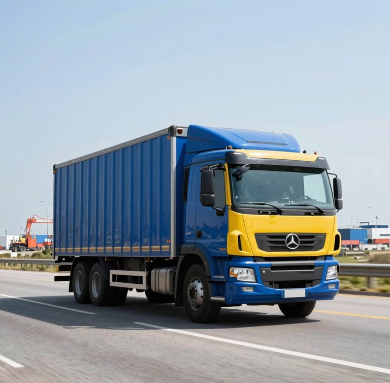 Portrait shot of a modern, clean cargo truck driving on a highway, seen from a low angle, with the port of Manzanillo in the background, bright daylight, industrial blue and yellow tones.