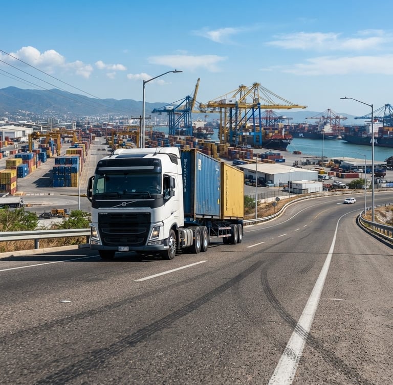 Wide panoramic view of a modern cargo truck driving on a highway, leaving the port of Manzanillo in the background, bright daylight, dynamic low-angle shot, industrial blue and yellow tones, sharp focus.