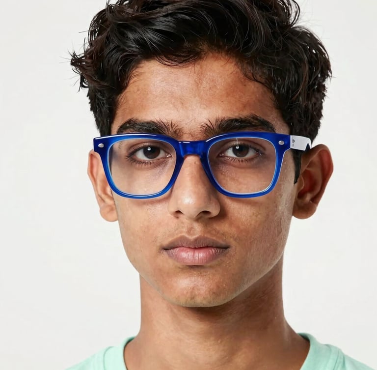 Crisp studio portrait of a young Indian model wearing thick electric blue acetate eyewear, looking directly at the camera, high-key lighting, subtle mint shadows, sharp focus