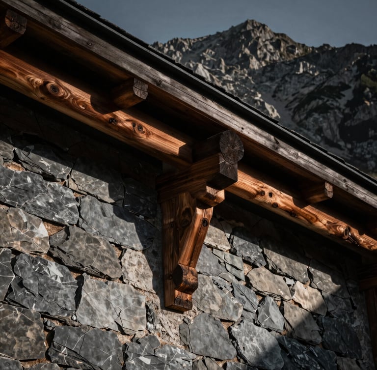 Extreme close-up of interlocking timber joinery and hand-cut slate masonry, low-angle dramatic mountain sunlight casting deep shadows on raw textures.