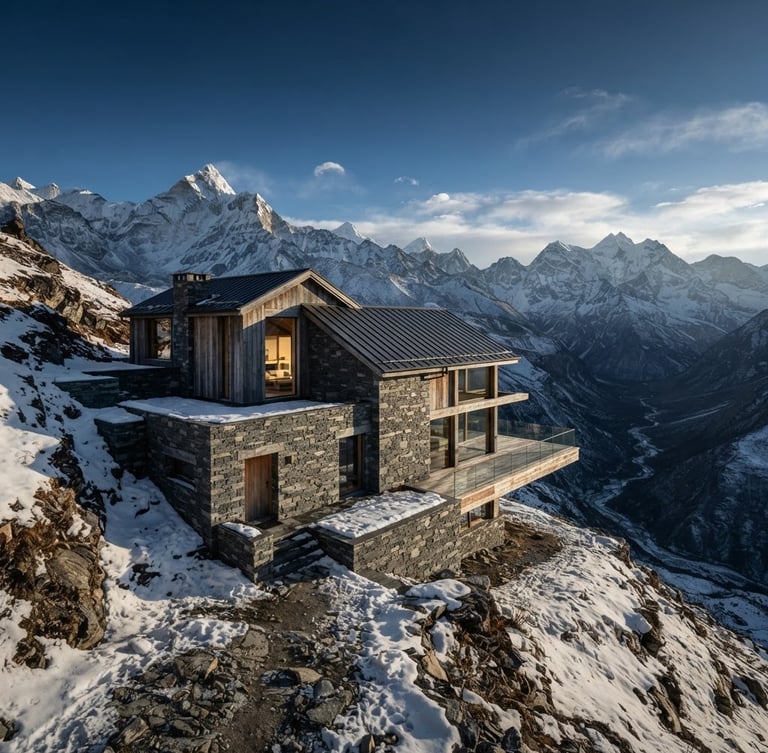 Wide-angle architectural elevation of a modern stone and timber house nestled on a steep snowy Himalayan slope, low-angle alpine sunlight casting deep shadows, slate gray tones.