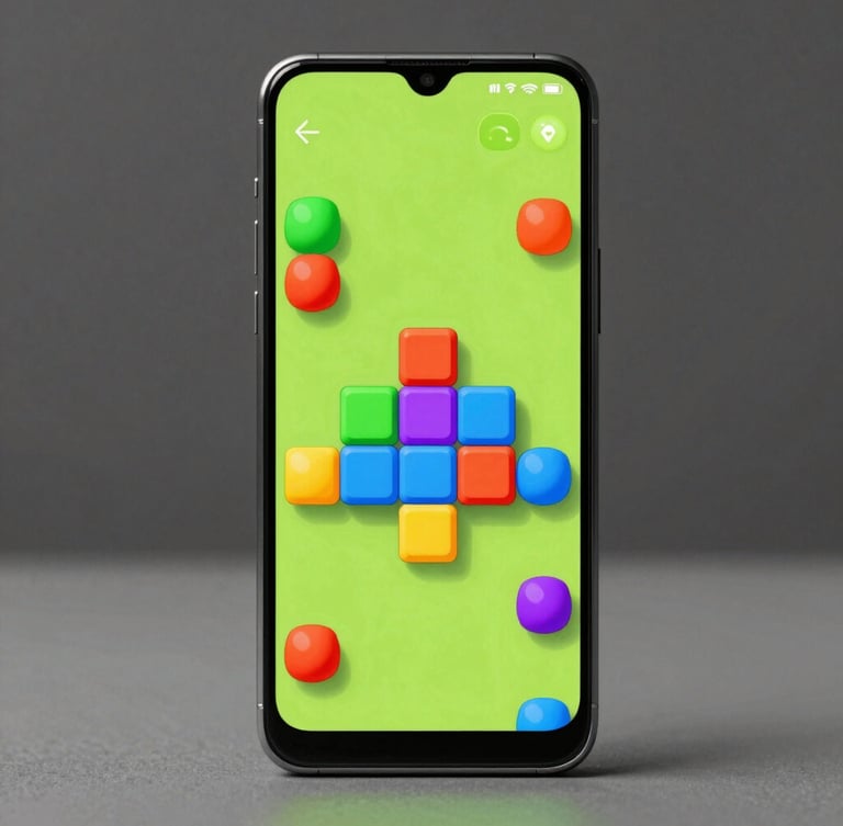 Direct front-facing modern Android device mockup displaying a vibrant casual puzzle game with colorful rounded blocks, soft studio lighting, neon green accents.