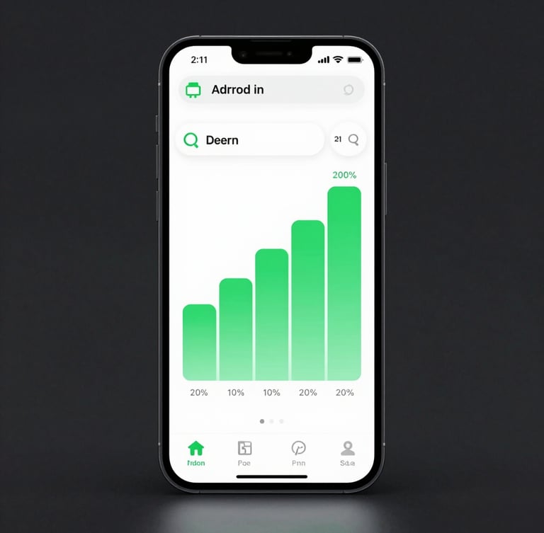 Front-facing high-fidelity Android device mockup showcasing a clean utility app interface with bright green charts, soft studio lighting, dark background, tight framing