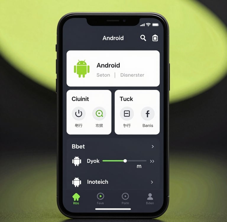 High-fidelity UI mockup of an Android utility application showing clean system diagnostics, framed inside a modern dark Android device, soft studio lighting with subtle neon lime-green accents in the background, sharp direct front-facing composition.