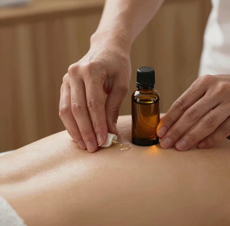 Hands gently applying essential oils to a back during a therapy session, soft lighting, minimalist wooden background