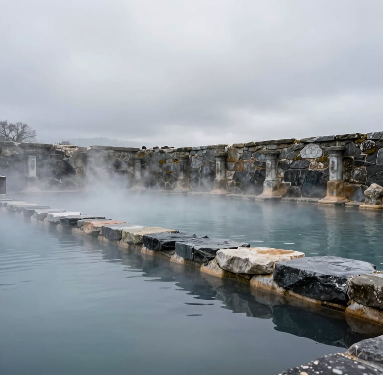 Wide atmospheric shot of an ancient stone thermal bath in Galicia, soft mist rising from the water, overcast gray daylight, minimalist composition.