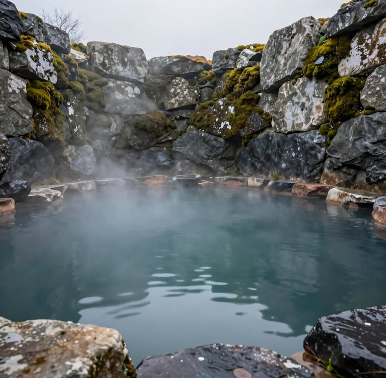 Atmospheric view of an outdoor stone thermal pool in Galicia, soft mist rising from the water, ancient mossy granite walls, overcast morning light, serene and empty.