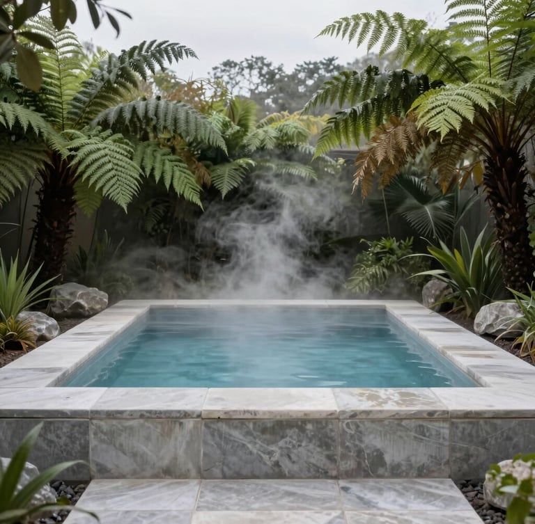 A minimalist stone thermal pool surrounded by damp green ferns and rising steam, soft overcast daylight, editorial framing, vertical composition