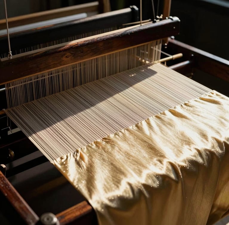Extreme close-up portrait of heavy champagne gold silk fabric being woven on a dark wooden loom, high contrast studio lighting, deep shadows, 35mm