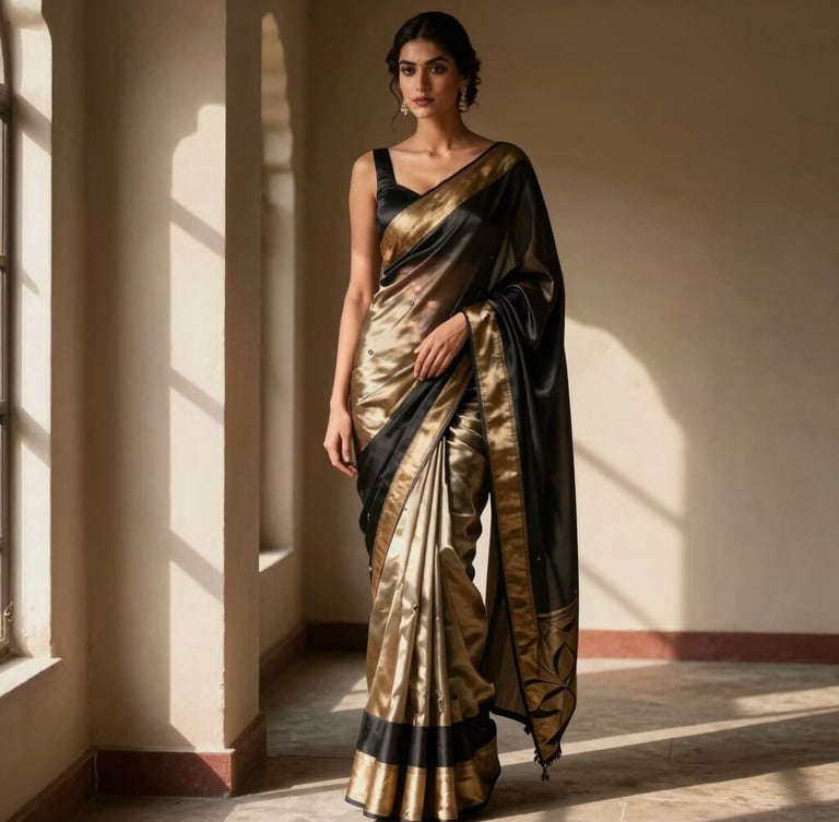 High-end editorial fashion photography of a model in an architectural pose wearing a black and champagne gold silk saree, dramatic side-lit window daylight, deep shadows, 35mm