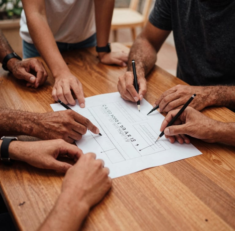 Wide environmental shot of a collaborative workshop around a wooden table, hands mapping out a strategy on paper, warm terracotta tones, natural daylight