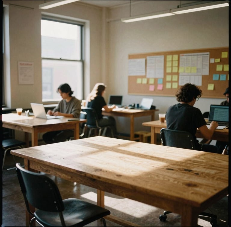 Warm natural daylight streaming into a Montreal collaborative workshop space, wooden tables, planning boards with sticky notes, candid atmosphere, 35mm film aesthetic.